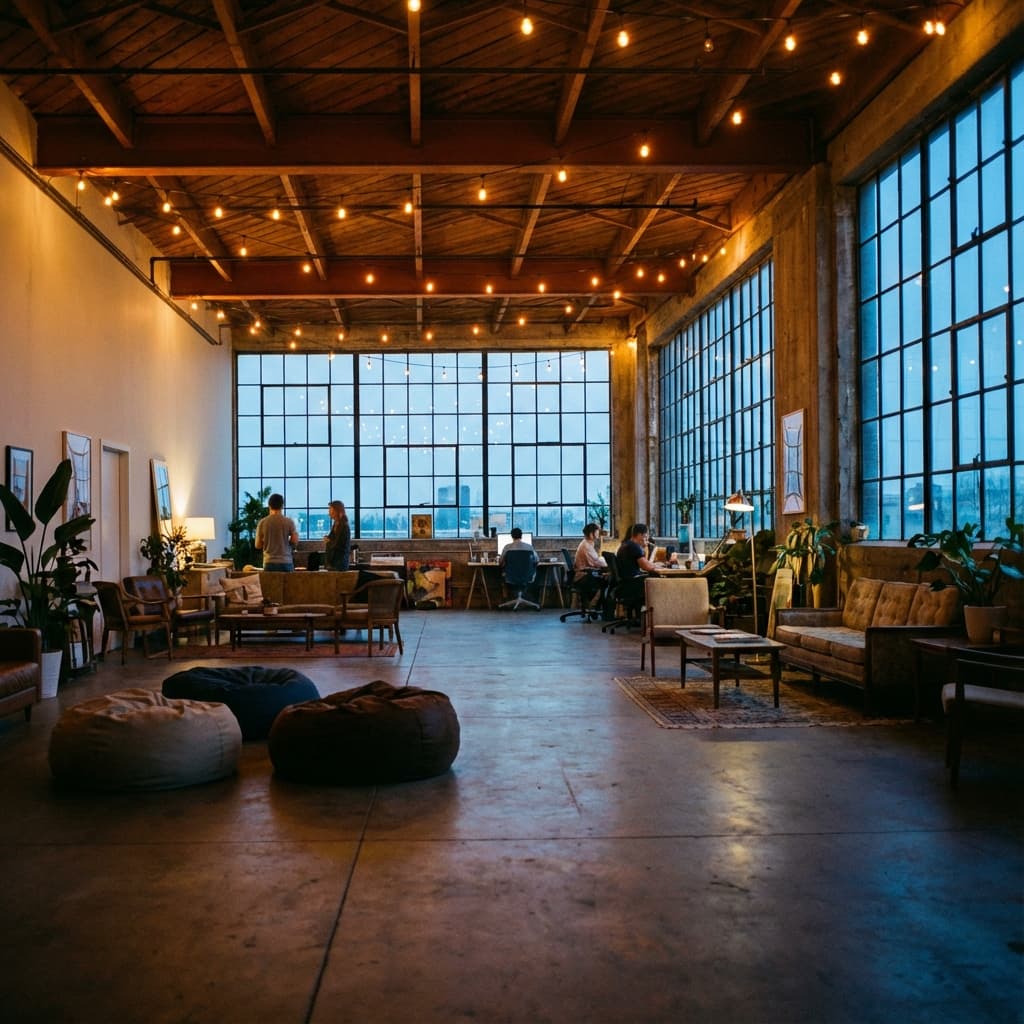 Atmospheric warehouse space at dusk
